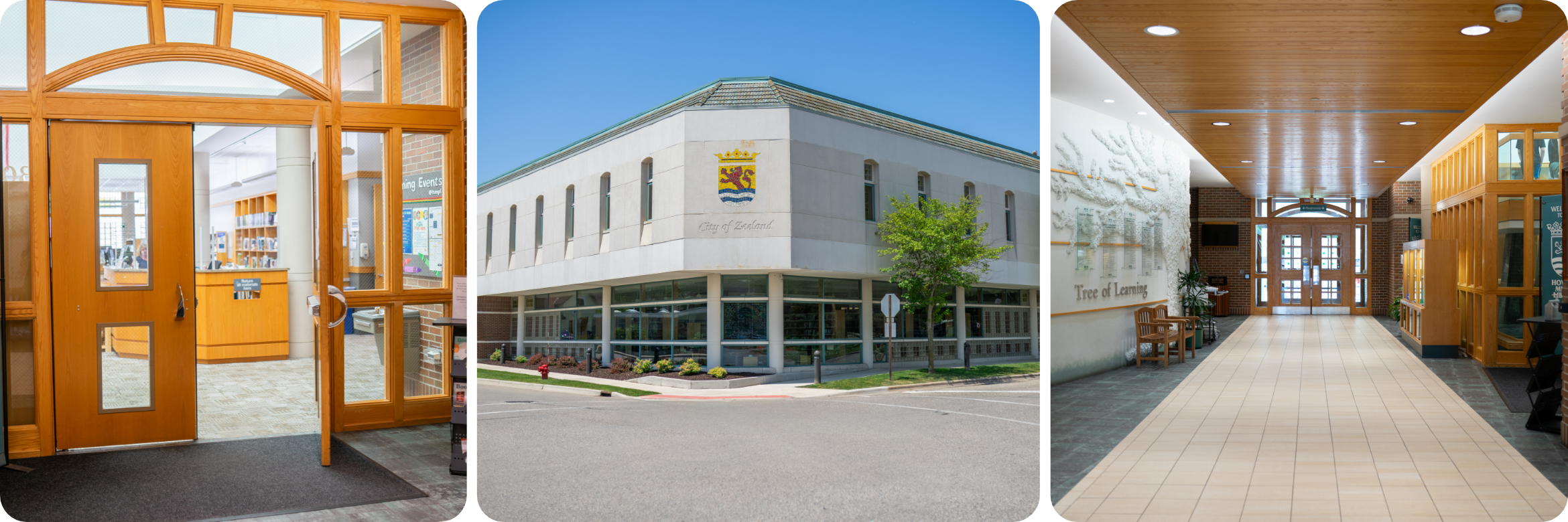 Collage of the Howard Miller Library: image of the entrance, image of the front of the library building, and an image of the hallway inside