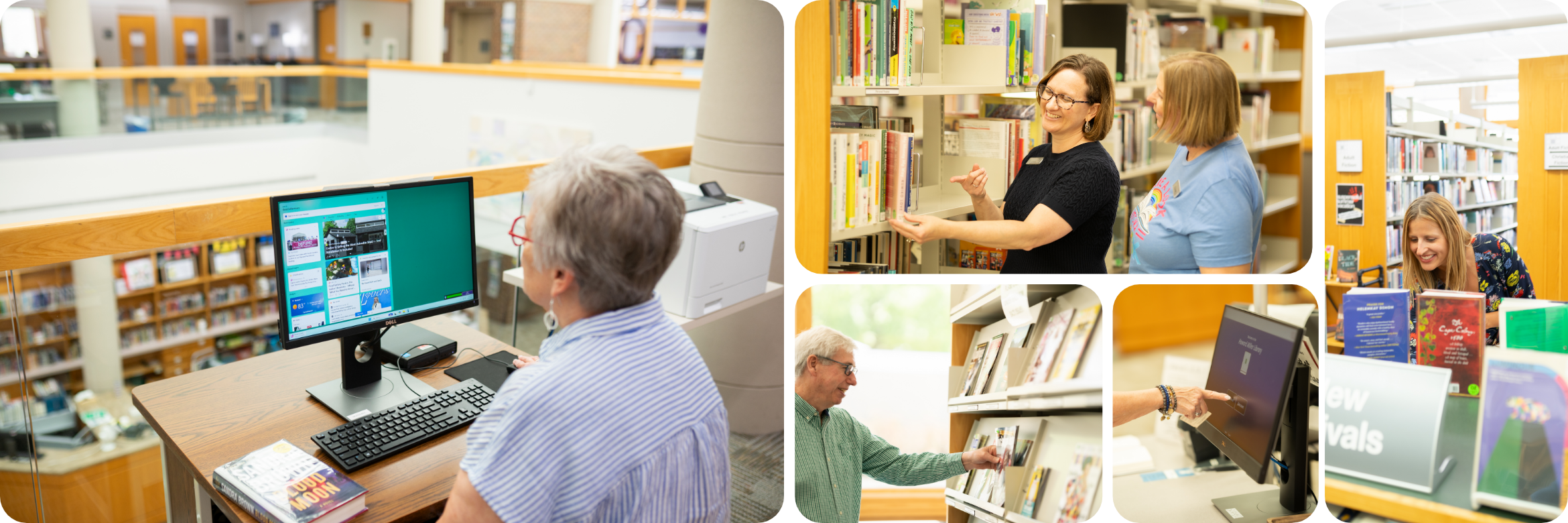 Collage of various adults in the library: using the computers, checking out, browsing books, and talking to a librarian