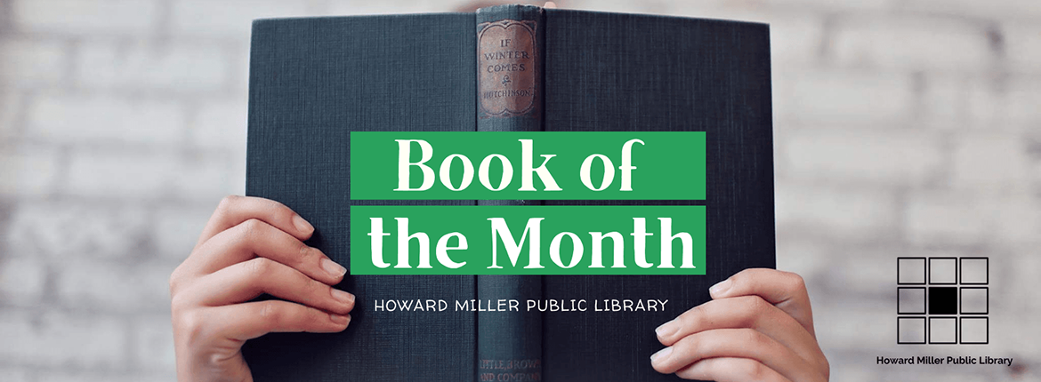 Person holding a book in front of their face with the words "Book of the Month"