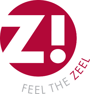 Letter Z and exclamation point cut out from a red circle with a "Feel the Zeel" tagline