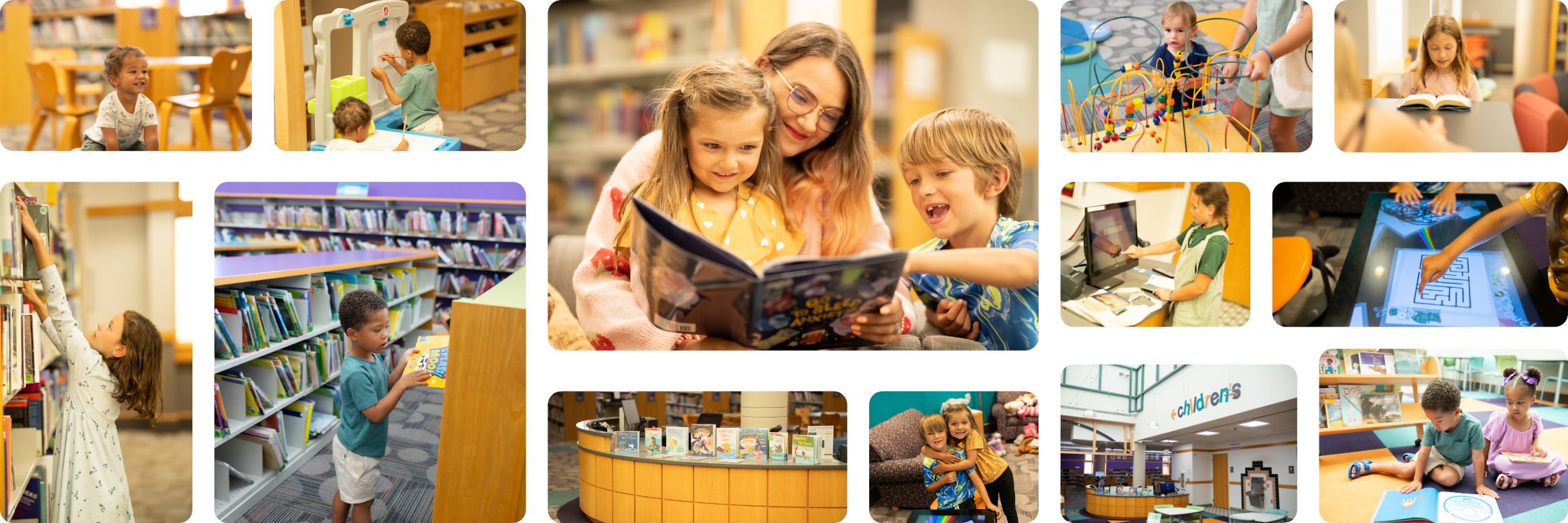 Kids collage showing various images of children and their parents in the library