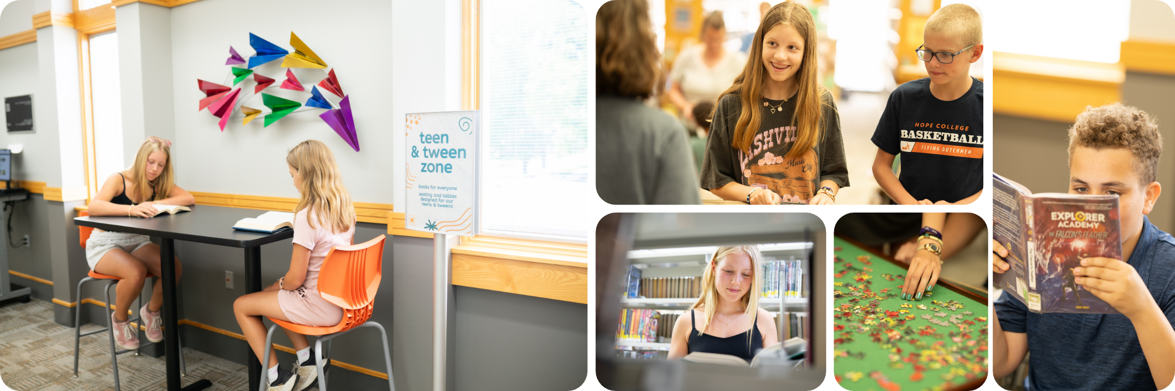 Collage of teens and tweens in the library reading books, checking out, and working on puzzles