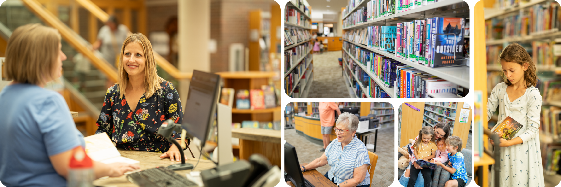 Header collage with five different images. First image shows a woman checking out a book at the circulation desk, top middle image shows books on a bookshelf, bottom left image shows a woman smiling as she uses a desktop computer, bottom right image shows a woman and two children smiling as they look at a book, and right image shows a young girl selecting a book from a shelf