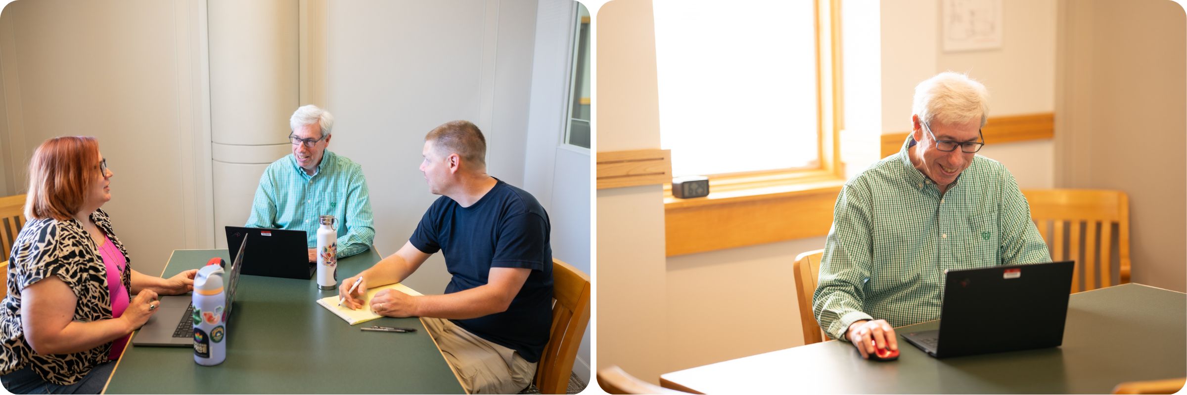 Two study rooms images: one a woman and two men having a discussion in the room, and the second showing a man using a laptop in the roomstudy room