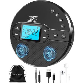 Black portable cd player with a white background