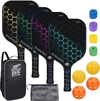 4 black pickleball paddles, 4 yellow and orange balls and paddle case