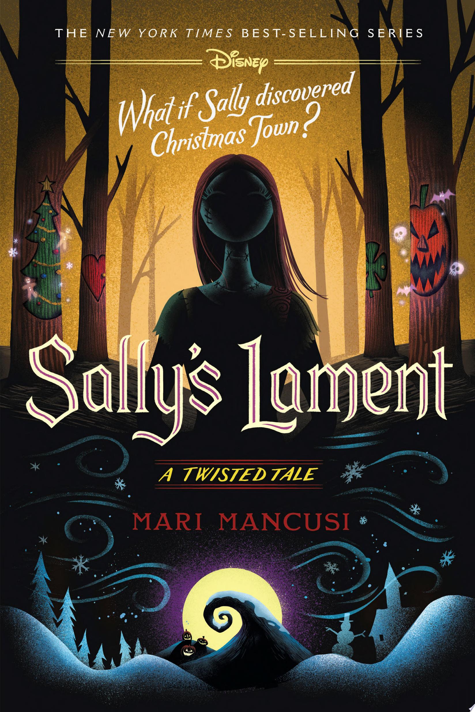 Image for "Sally's Lament" book cover with a shadowed image of a young girl in the center with a spooky forest surrounding her.  A Christmas and Halloween scene along the bottom of the page. 