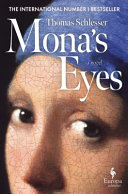 Image for "Mona's Eyes" with an up-close image of a young woman's face focusing on her eyes and nose.  She is wearing a light blue headscarf.