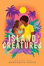 "Island Creatures" book cover with a bright orange background showing a black man and woman in a loving embrace surrounded by tropical looking plants in bright purples, greens and blues and a full sun over their heads. 
