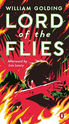 Book cover for Lord of the Flies showing a fiery jungle scene with the outline of a boy's face with his hand covering part of his face