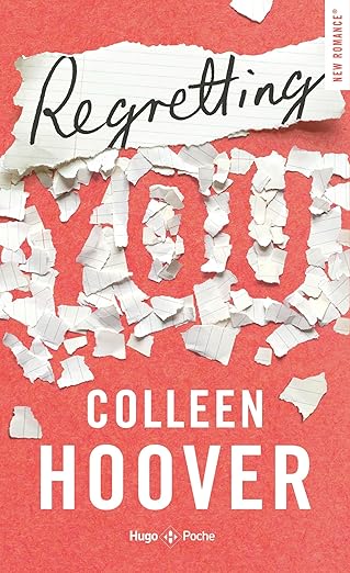 Book cover for "Regretting You" a coral background with torn up paper spelling YOU in the negative space.