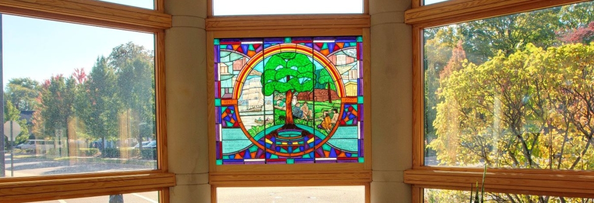 Detail of small stained glass window inset