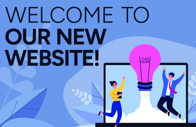 Welcome to our New Website! graphic depicting a man and woman jumping inside a laptop screen with a lightbulb that looks like it's taking off