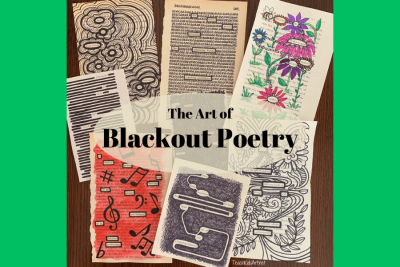 image of various blackout poetry variations on a green background
