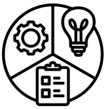 Black and white circle with gear icon, light bulb and clipboard icons