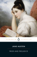 "Pride and Prejudice" book cover with a contemplative, 18th century woman with dark upswept hair holding a book with her head resting on her hand. 
