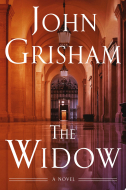 Book cover for "The Widow" showing a grand hallway with prominent light fixtures with cream lettering for the title.