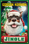 Image for "Jingle" book cover with the face of a large dog in the center wearing a Santa Claus hat and beard.  There is a snow covered pine tree in the background