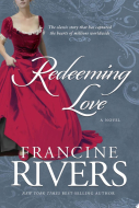"Redeeming Love" book cover with a woman wearing a bright red 1800's style dress.  Her face is not showing.  