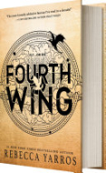 "Fourth Wing" book cover with a gradient gold background and a black ornate circle with dragons flying around it. 