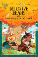 "Detective Beans: Adventures in Cat Town" book cover with a large, autumn tree with wanted posters on it in the background.  In the foreground are anime characters chasing one another.  One is dressed as a reporter and the other as a detective. 