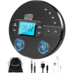 Black portable cd player with a white background