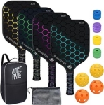 4 black pickleball paddles, 4 yellow and orange balls and paddle case