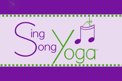 Musical note with a stick figure of a person doing yoga on top.