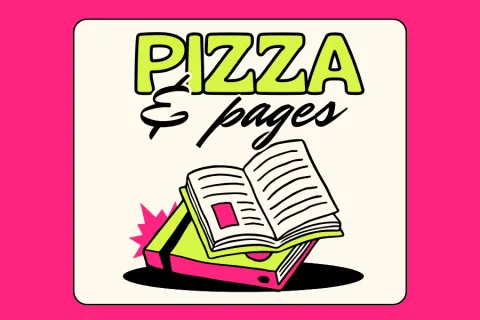 Brightly colored background with an open book on top of a closed book.