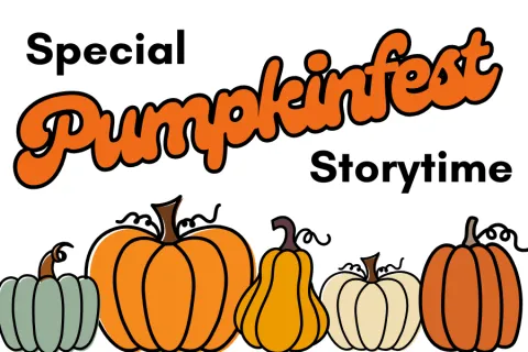 Five pumpkins in various colors along the bottom third of the page
