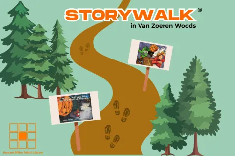 Illustration of a forest path with signs displaying book pages, labeled 'StoryWalk®. Trees line the path, and footprints lead along the trail, suggesting a walk while reading