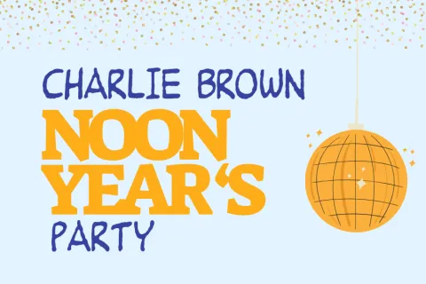 "Charlie Brown Noon Year's Party" text with a gold disco ball graphic on a light blue background, decorated with small festive confetti.
