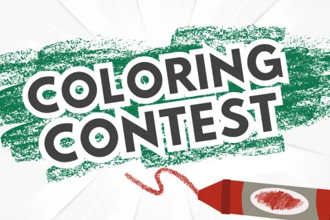 Coloring contest flyer with bold text and a red crayon drawing a squiggle.