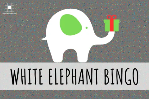 Side view illustration of a white elephant with a green ear holding a red and green gift, above the text "White Elephant Bingo" on a gray background.