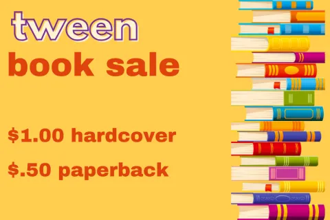 Bright yellow background with stack of colorful books on right side of page announcing tween book sale