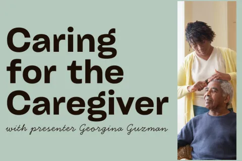 Middle-aged woman standing near a seated, elderly man brushing his hair on the right side of the page with "Caring for the Caregiver" printed on the left side of the page. 