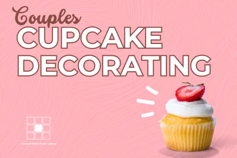 A pink promotional graphic that reads “Couple Cupcake Decorating.” On the right side, there is a single vanilla cupcake topped with white frosting and a sliced strawberry. Small decorative lines accent the strawberry, and a white star icon appears on the left side of the image