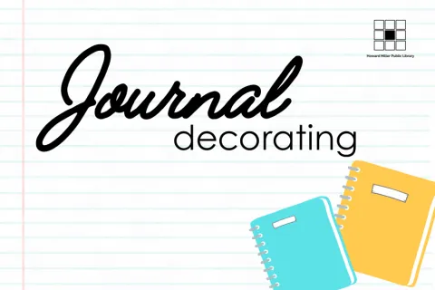A white graphic with faint horizontal notebook lines features the words “Journal decorating.” Three colorful journals—one teal, one yellow, and one orange—are illustrated in the bottom right corner. 