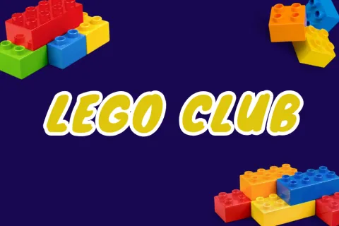Dark blue background with bright colored lego style blocks in the upper corners and the lower right corner.  Text in the middle says "Lego Club".  