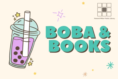 Cream colored background with a clear cup containing purple liquid and several boba balls along with a wide straw.  Text says "Boba & Books". 