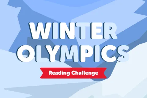 Various shades of blue in the background with a red banner with the text "Reading Challenge" running along the bottom.  Text in the middle says "Winter Olympics"