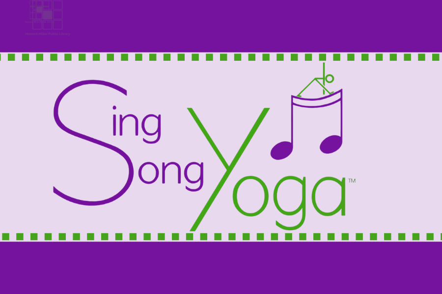 Musical note with a stick figure of a person doing yoga on top.