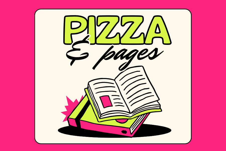 Brightly colored background with an open book on top of a closed book.