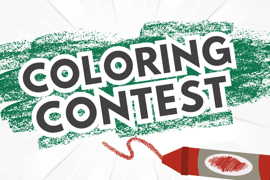 Coloring contest flyer with bold text and a red crayon drawing a squiggle.