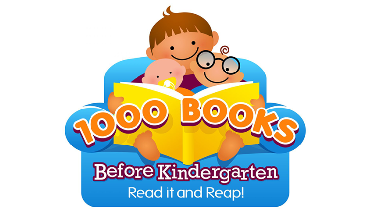 Illustrated graphic of parent reading to small children on blue couch labelled "1000 Books Before Kindergarten: read it and Reap!"