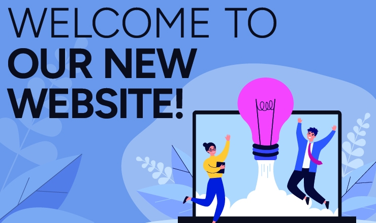 Welcome to our New Website! graphic depicting a man and woman jumping inside a laptop screen with a lightbulb that looks like it's taking off
