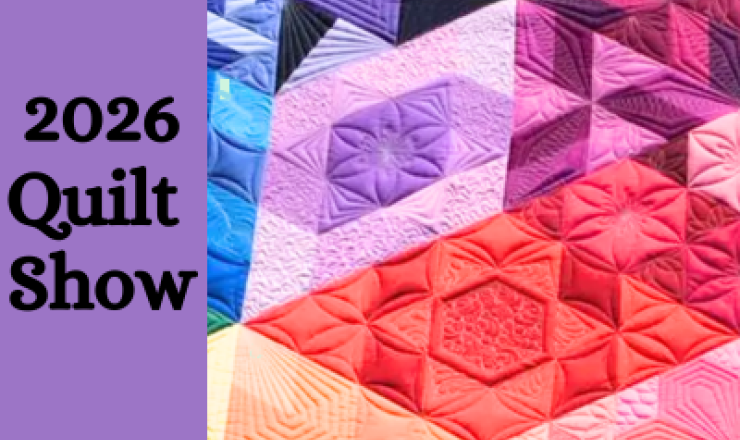 Purple column on the left with 2026 Quilt Show text and colorful triangle and diamond shaped quilt pieces on the right. 