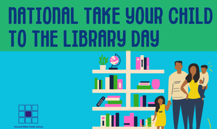 bookshelf filled with green and pink books next to 4 people - man, woman, toddler, and preschooler