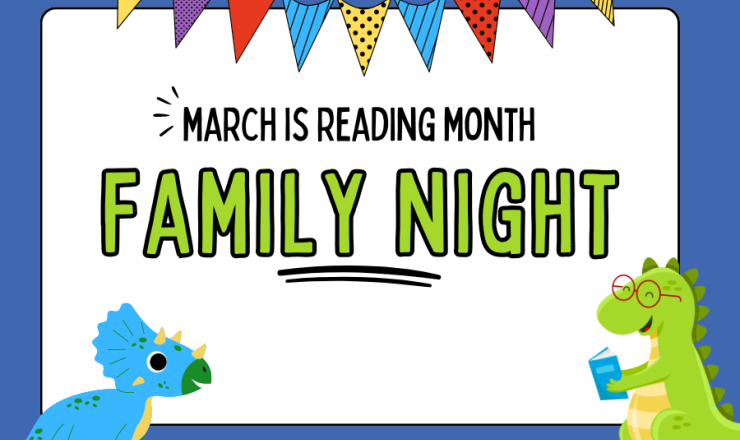 colorful bunting and dinosaurs reading. Links to March is Reading Month Family Night. 