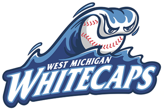 West Michigan White Caps logo of a baseball in a wave